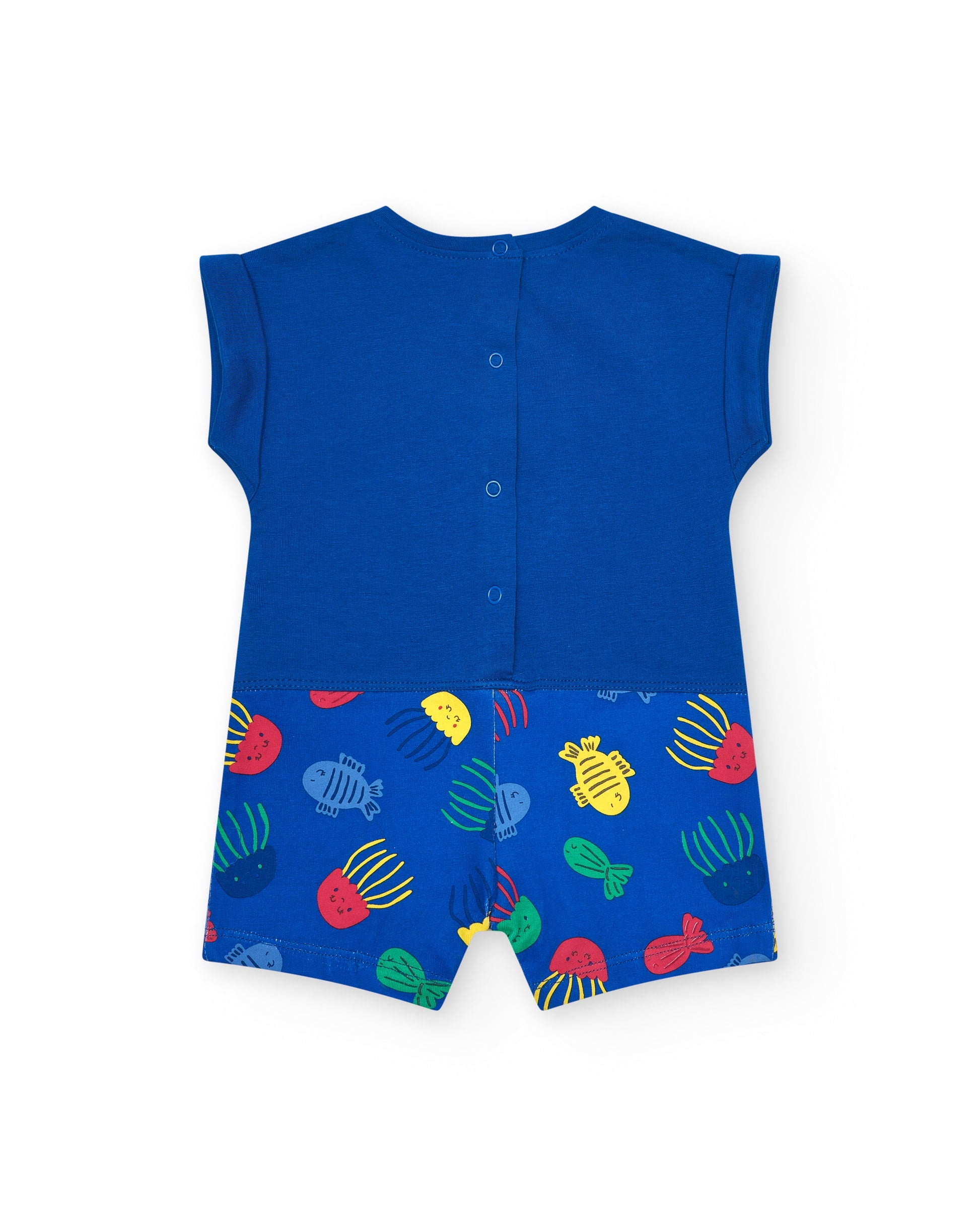 Blue sleeveless romper with colorful sea creature pattern on a white background