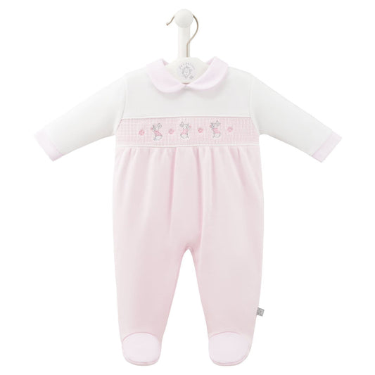 Dandelion Rabbit & Flower Smocked Sleepsuit Pink AV6128