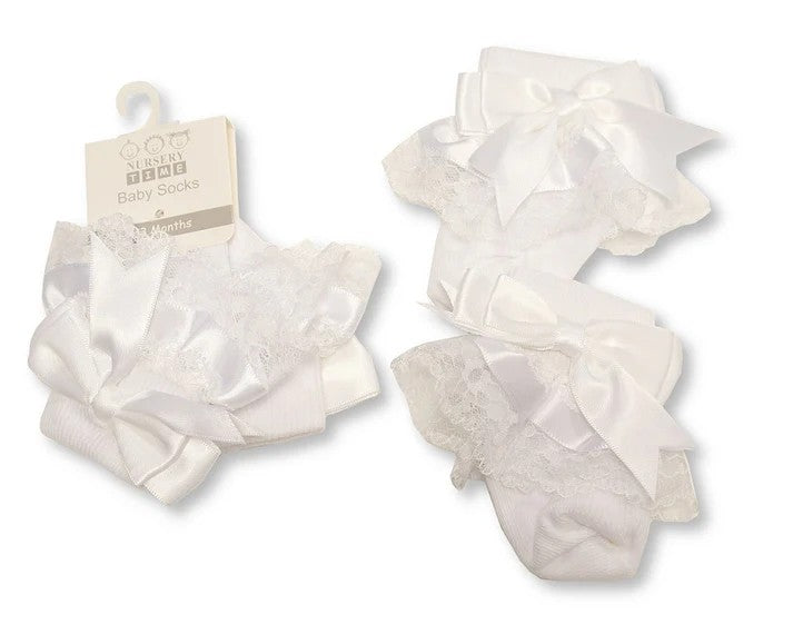 Nursery Time Lace Ankle Sock White Bow