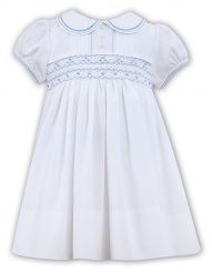 Sarah Louise Heritage Collection Summer Smocked Dress With Collar White With Blue C6001