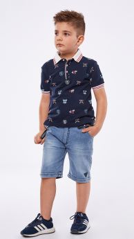 Hashtag Summer Polo T-shirt And Denim Short Set Navy 6816
