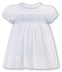 Sarah Louise Summer Voile Smocked Dress White With Blue 012603