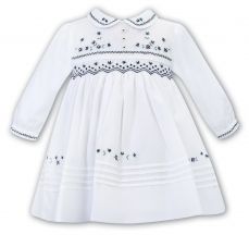 Sarah Louise Winter Dress White With Navy And Green Embroidery 012757