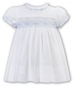 Sarah Louise Summer Voile Smocked Dress White With Blue 012603