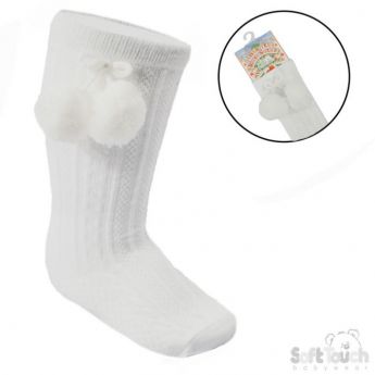 Soft Touch Knee High Pom-Pom Socks White