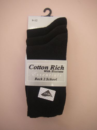 Unisex Ankle School Socks - Three Pack: 9-12 BLACK