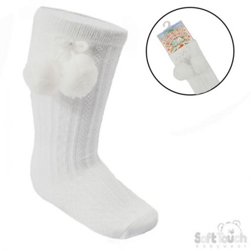 Soft Touch Knee High Pom-Pom Socks White: 12-24 months
